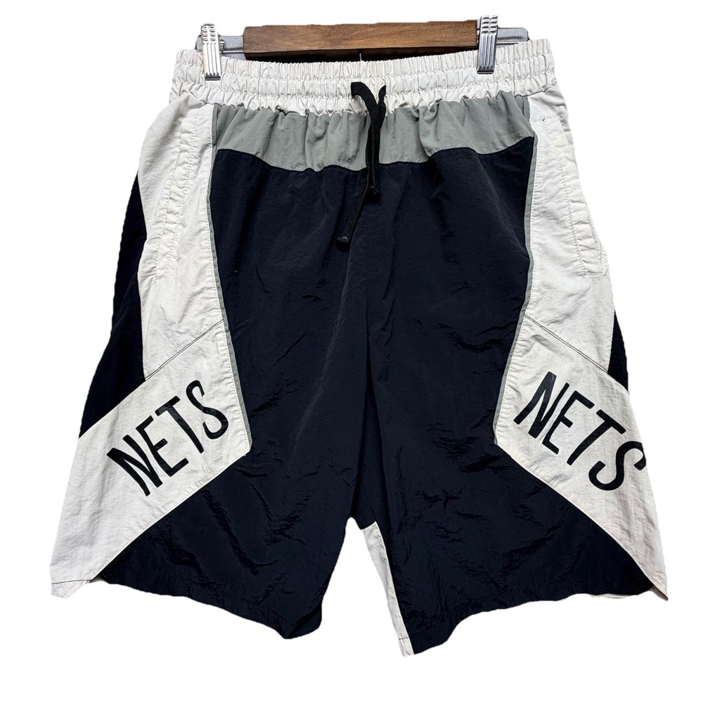 Vintage Brooklyn Nets NBA Nylon Shorts Men's Medium Black White Spellout Retro